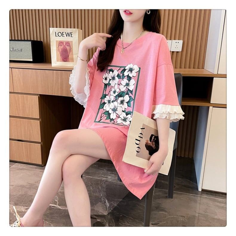 優しい雰囲気 プリント フリル切り替え ロングTシャツ ゆったり半袖＜S-2891＞