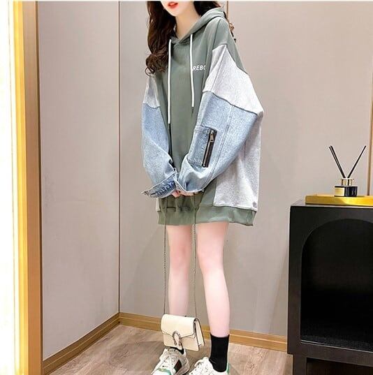 特別デザイン韓国系ゆったり切り替えデニムフード付きスウェット＜S-1592＞