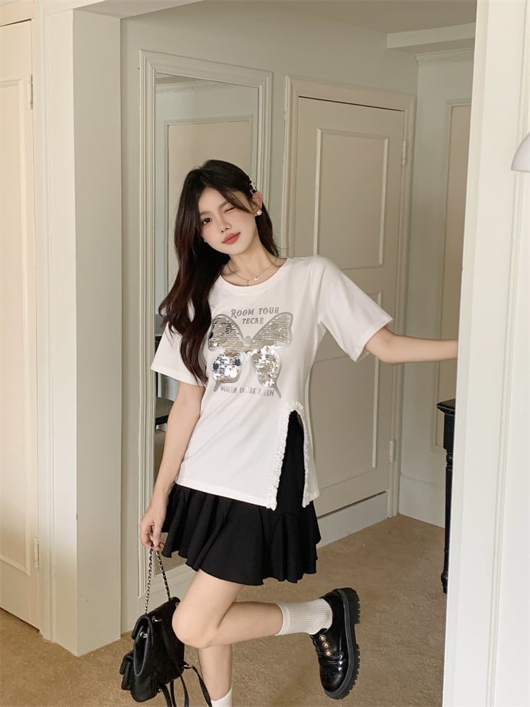 絶対欲しい キュート 超人気 ピンク プリント スパンコール 3色選択 半袖Tシャツ＜S-8570＞