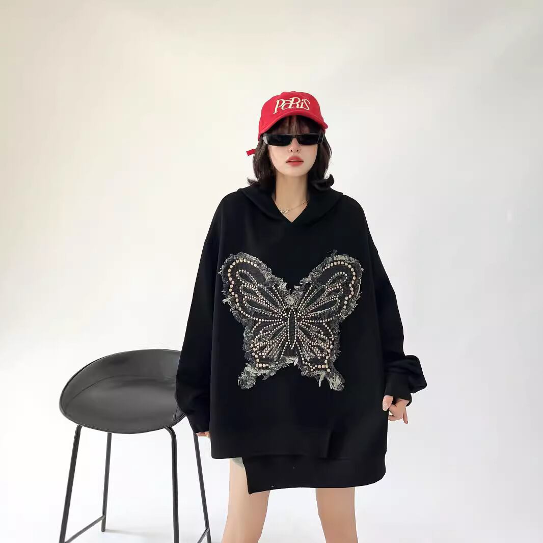 都市ファッショ デザイン オシャレ おしゃれ度高め 刺繍 ホットダイヤモンド カジュアル 3色選択 パーカー<S-9290>