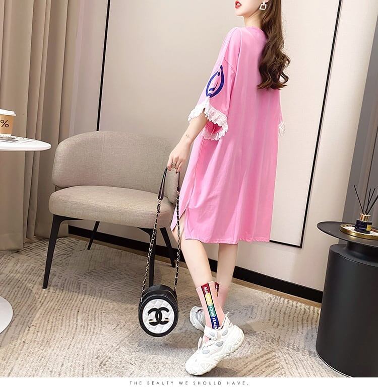 夏新作 アルファベット オーバーサイズ フリル プリントTシャツ 三色 ゆったり半袖＜S-3009＞