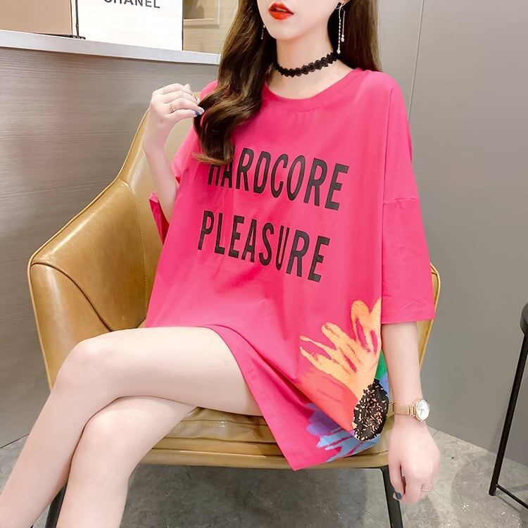おすすめ アルファベット 花柄 Tシャツ 三色 ゆったり ロング 半袖 ＜S-2946＞