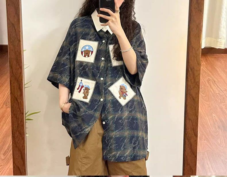 大活躍 刺繍 特別デザイン チェック柄 2色選択 半袖シャツ＜S-8881＞