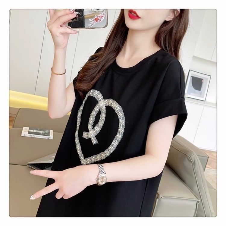韓国系 ロング ハートマーク Tシャツ 半袖 ＜S-2837＞