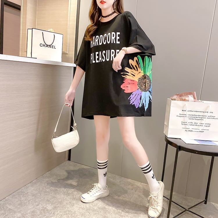おすすめ アルファベット 花柄 Tシャツ 三色 ゆったり ロング 半袖 ＜S-2946＞