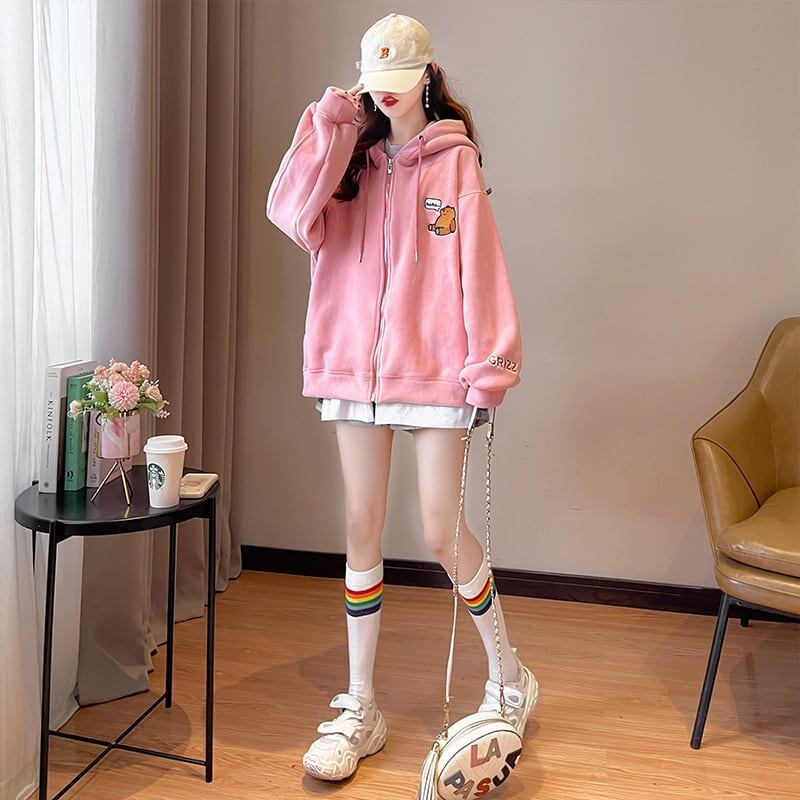 【裏起毛】可愛いクマちゃん厚手フルジップパーカー二色あり<S-4677>
