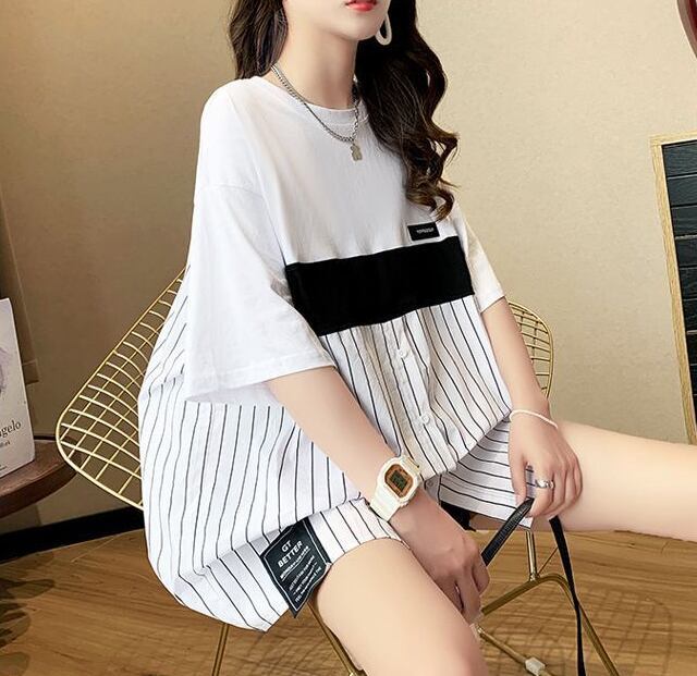 超人気 切り替え ストライプ柄 ラウンドネック プリント全2色 半袖Tシャツ<S-8741>