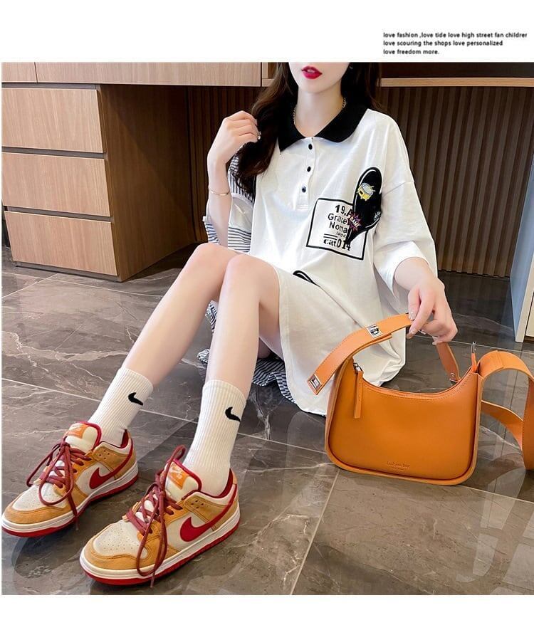 POLOネック 切り替え ストライプ柄 ロング Tシャツ ゆったりワンピース ＜S-3031＞