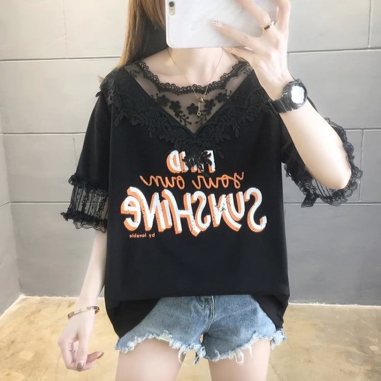 エレガントなレースステッチ半袖Tシャツ<S-3030>