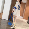韓国系 ドロップショルダープリント ラウンドネック ロング Tシャツ 三色 ゆったり半袖＜S-3011＞