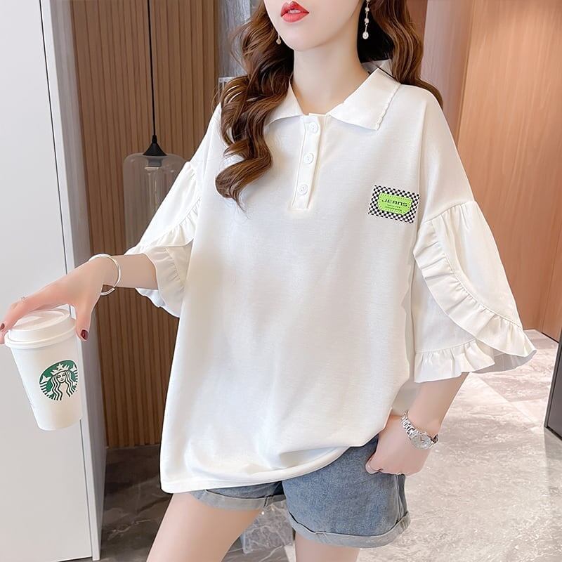 おすすめ POLOネック シンプル フリル ロング Tシャツ 三色 ゆったり半袖 ＜S-3055＞