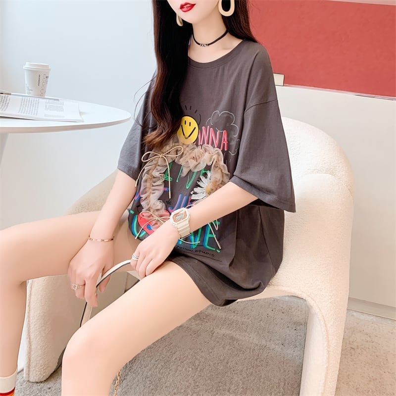 デザイン感 切り替え チャーミング プリント Tシャツ カットソー＜S-3529＞