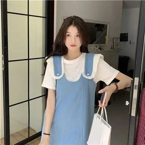 美人度アップ デニム 大人可愛い 全2色 半袖Tシャツ+サスペンダースカート セット<S-8782>