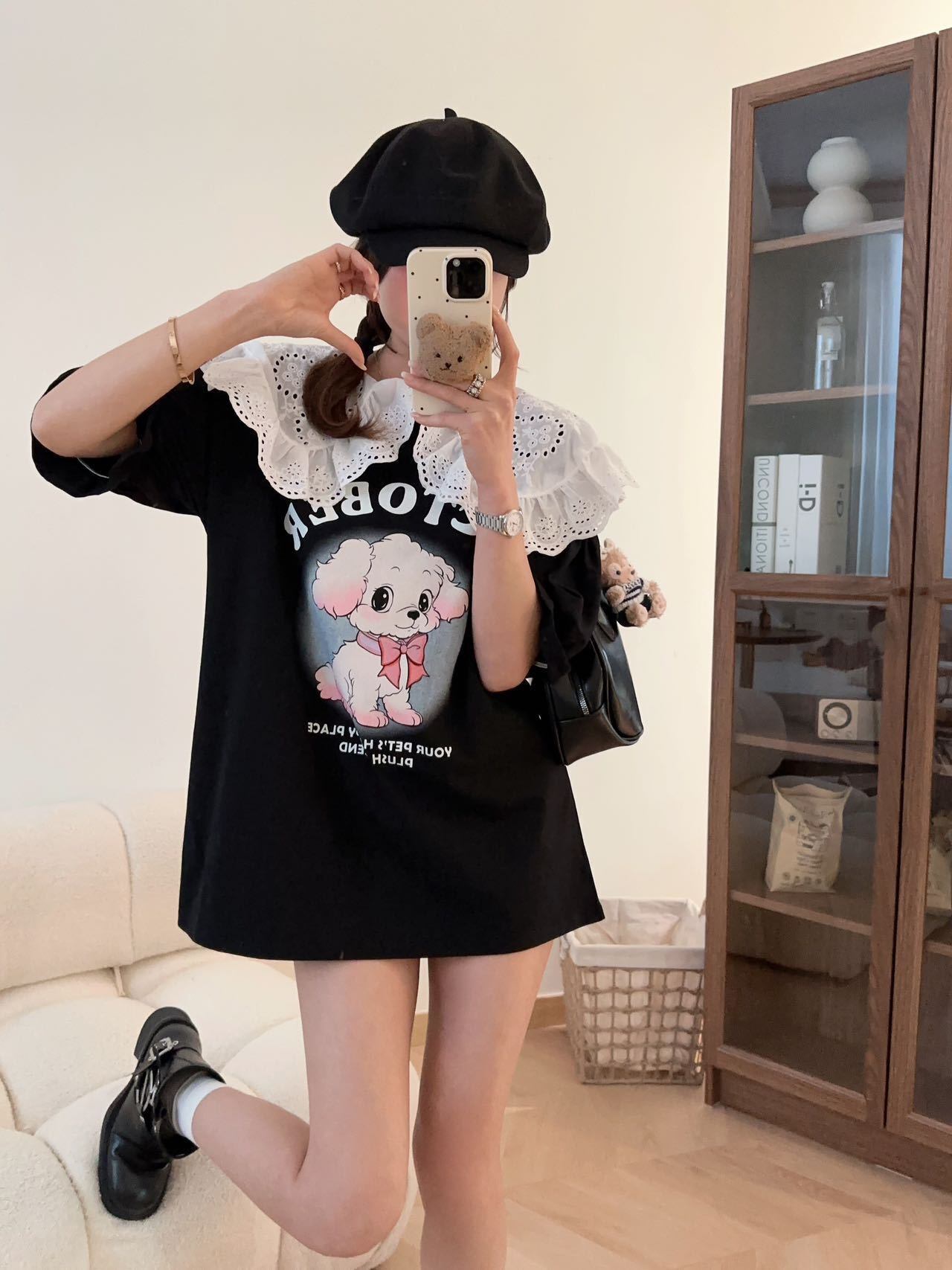スウィート ワンちゃんロゴ 韓国系 ゆったりTシャツ半袖<S-4882>