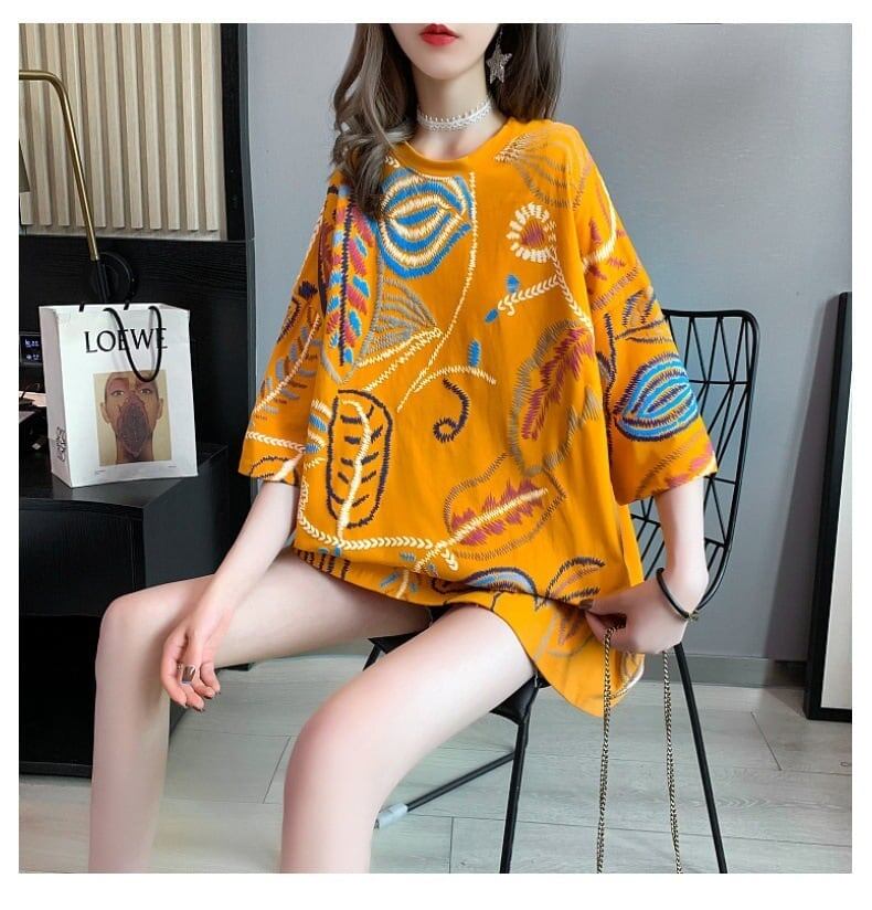 韓国系 ロング 刺繍 Tシャツ 三色 ゆったり半袖 ＜S-2847＞