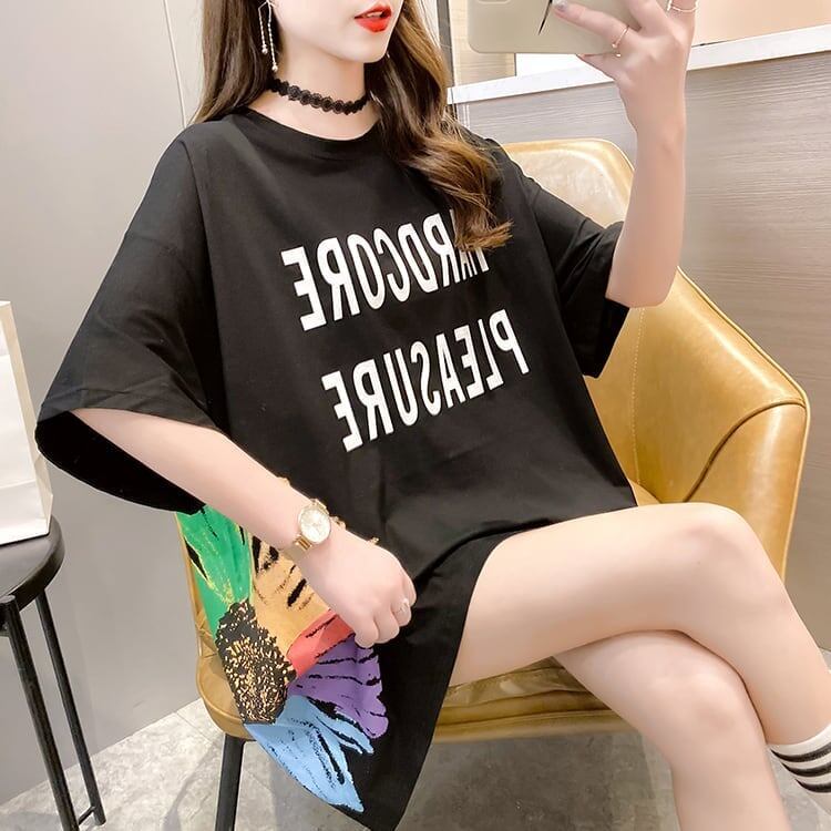 おすすめ アルファベット 花柄 Tシャツ 三色 ゆったり ロング 半袖 ＜S-2946＞