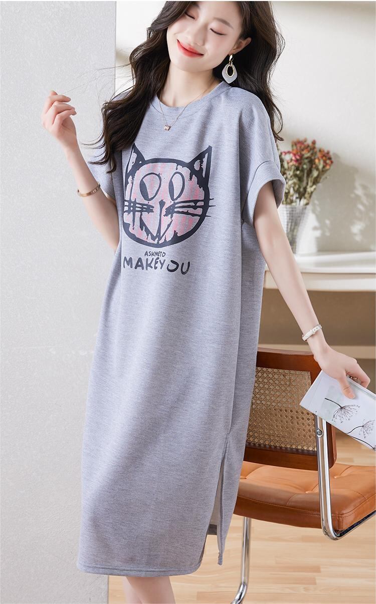 新しいカジュアルな猫プリント シャツ T ドレス<S-5037>