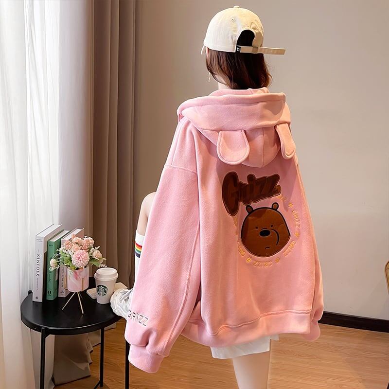 【裏起毛】可愛いクマちゃん厚手フルジップパーカー二色あり<S-4677>