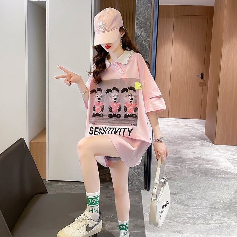 夏新作 アルファベットプリント POLOネック ロング Tシャツ ゆったりワンピース ＜S-3038＞