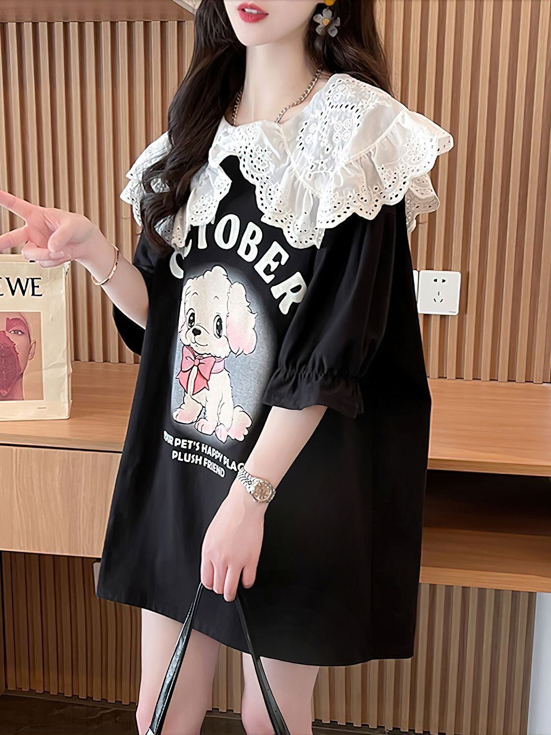 絶対流行 切り替え キュートプリント ゆったり 5分袖 Tシャツ＜S-8474＞
