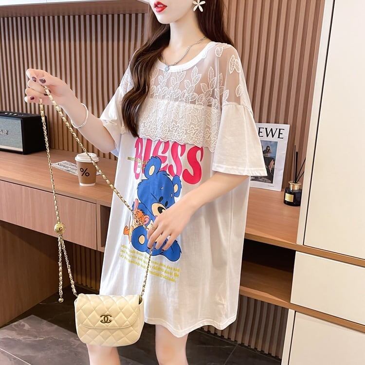 ファッションデザインレースミドル丈半袖Tシャツ<S-3017>