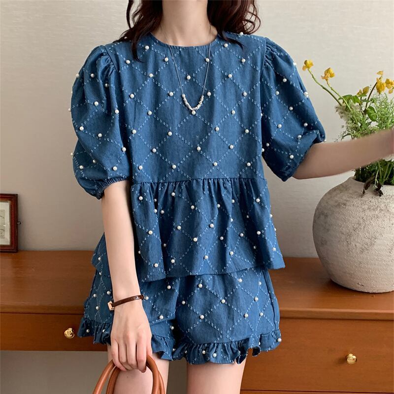 定番シンプル ファッション 個性派 デニム 半袖Ｔシャツⅹパンツセット<isf-11702>