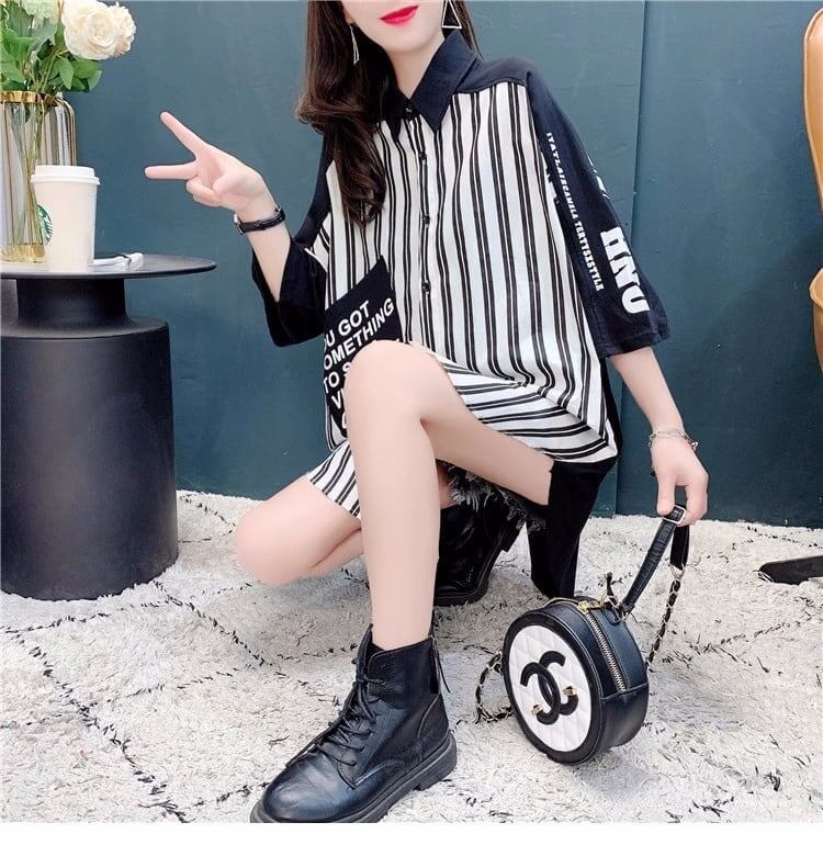 ストライプ柄 カラーマッチング POLOネック ロング Tシャツ ゆったり 5分袖＜S-2938＞