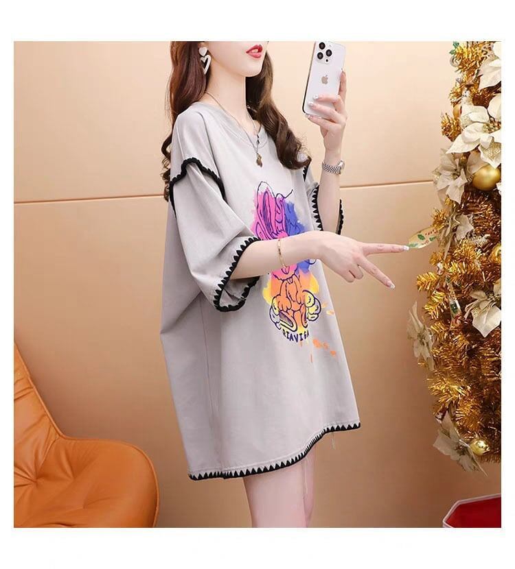韓国系 ロング プリント Tシャツ 三色 ゆったり半袖 ＜S-2841＞
