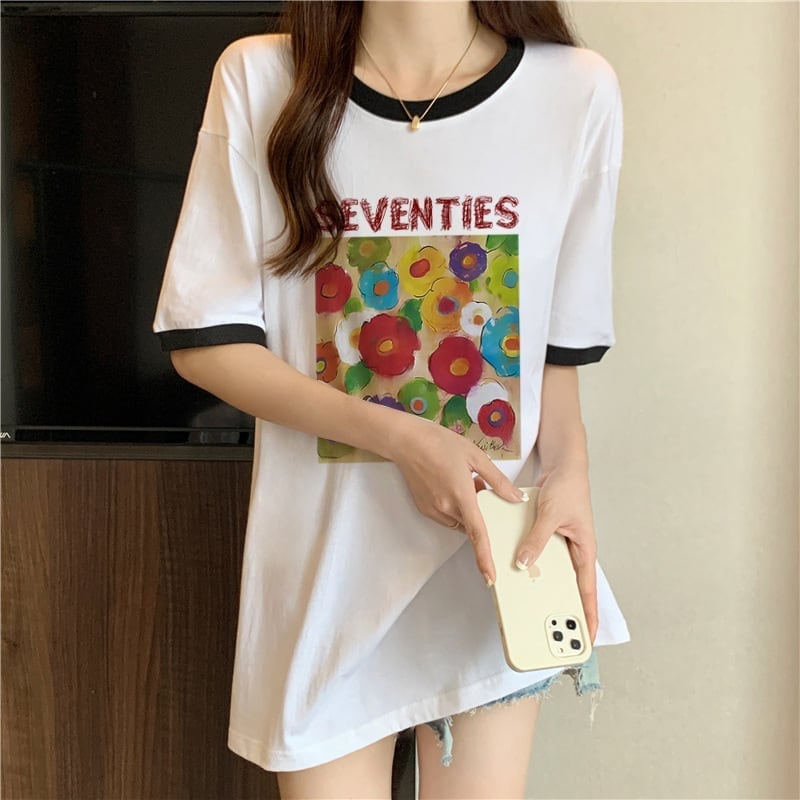 着?せ 配色 プリント ロング Tシャツ 四色 ゆったり半袖 ＜S-3019＞