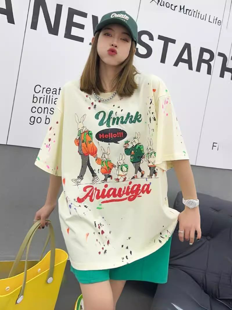 早い者勝ち キュート ファッション ルーズ 落書き風 プリント半袖Tシャツ 全3色<S-4913>