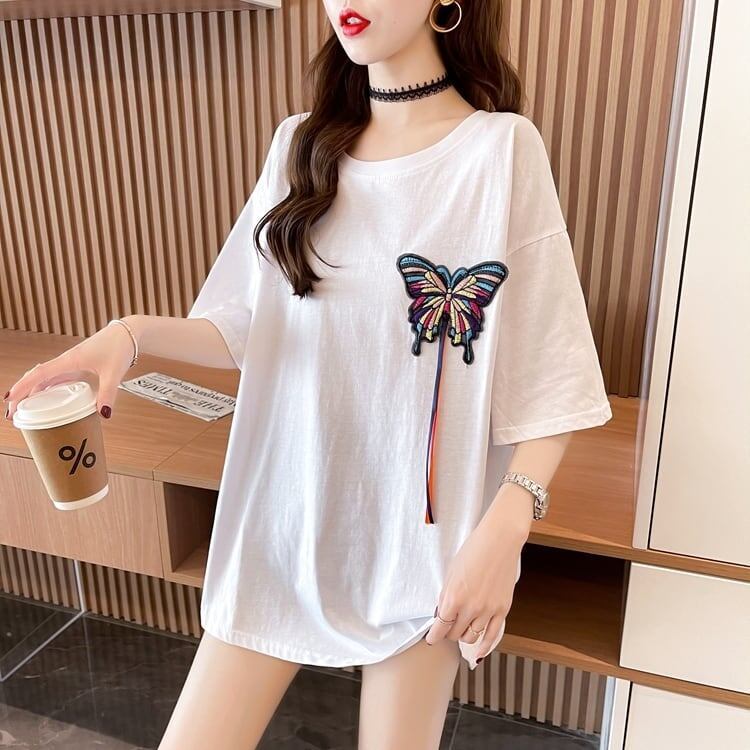 最新デザインセンス刺繍純綿ルーズ半袖Tシャツ<S-2949>