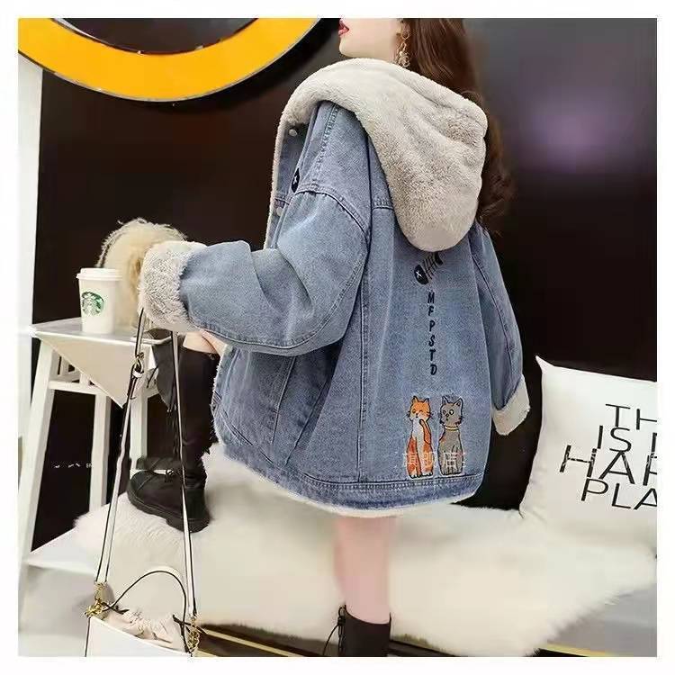 もこもこ裏起毛デニムジャケット厚手アルファベットロゴコート<S-4441>