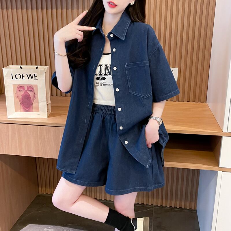 オーバーサイズ 半袖 デニム シャツ + ショートパンツ セットアップ <S-13150>