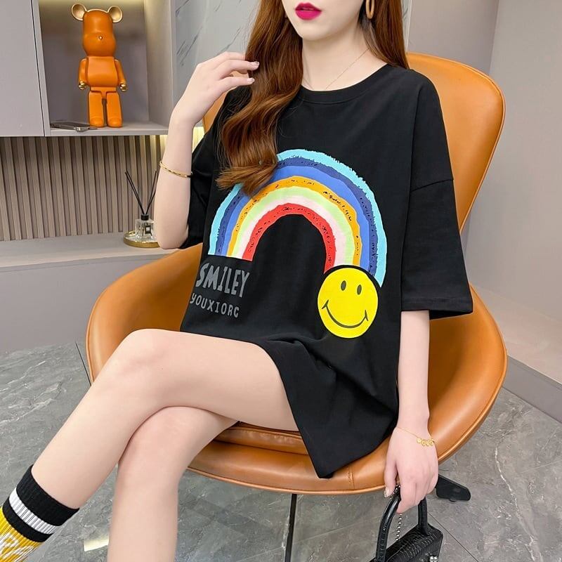 レインボースマイリーファッションオールマッチルーズ半袖Tシャツ<S-2860>