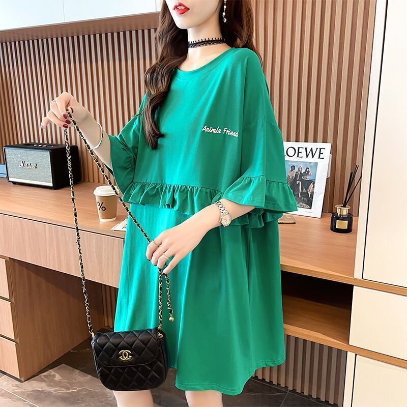 【半額！期間限定！！】合わせやすい 切り替え フリル プリント Tシャツ ゆったりワンピース＜S-3008＞