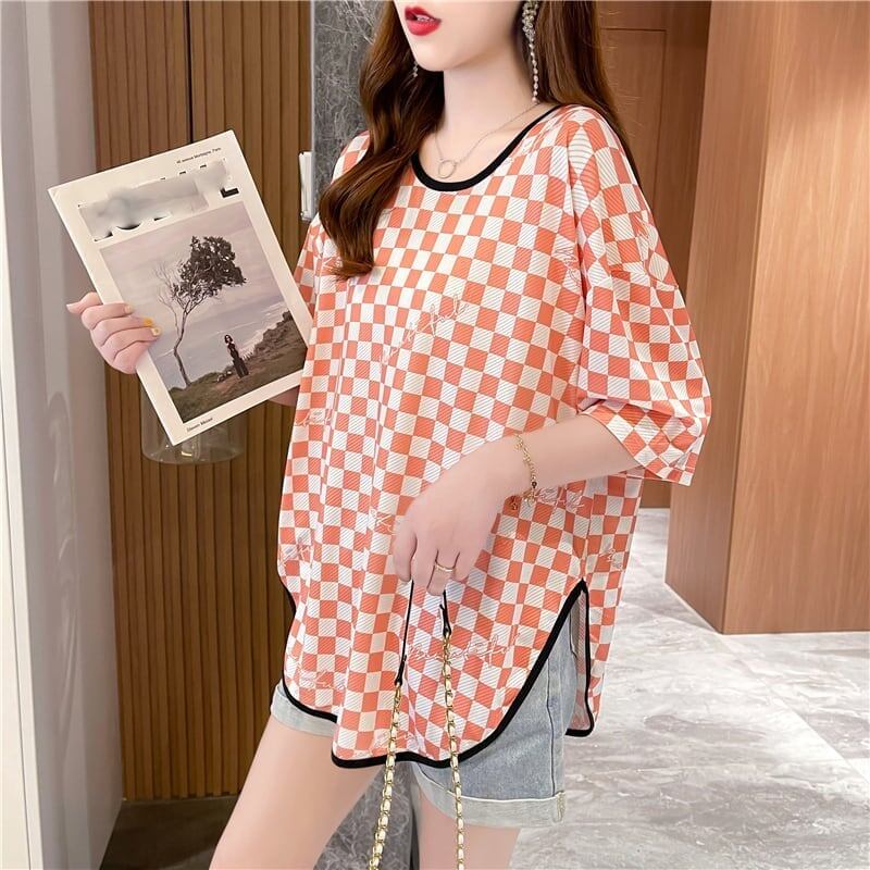 好感度満載 ラウンドネック 女性力を高める チェック柄 Tシャツ カットソー＜S-2985＞