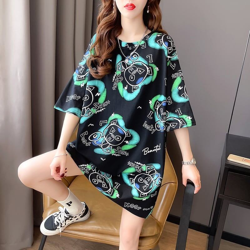 好感度満載 プリント 美感いっぱい Tシャツ カットソー ワンピース＜S-3501＞