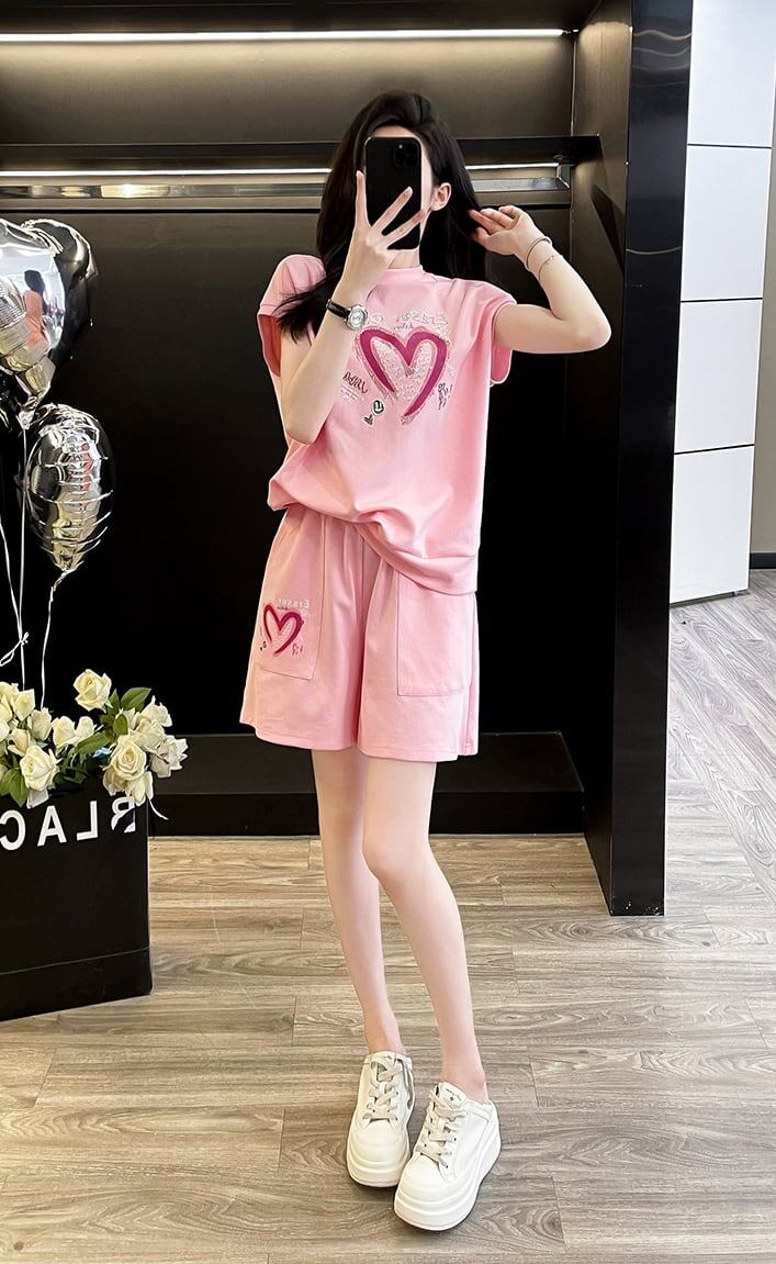 超人気 ホットダイヤモンド カジュアル プリント 半袖Tシャツ ショートパンツ セットアップ ＜S-9215＞