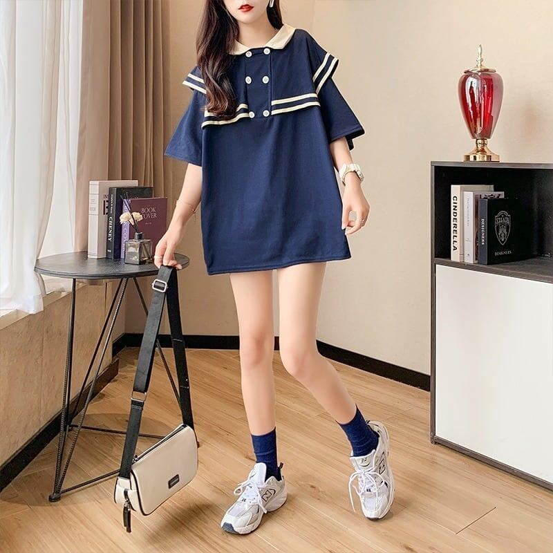 絶対欲しい ロング セーラーカラー Tシャツ 三色 ゆったりワンピース＜S-4028＞