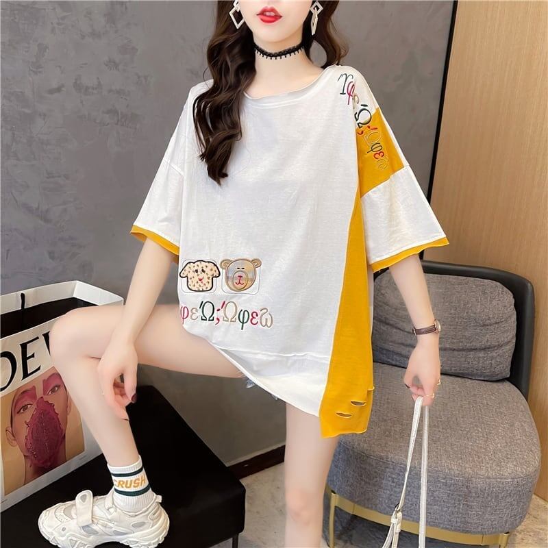 韓国風漫画刺繍ワッペン半袖Tシャツ<S-2991>