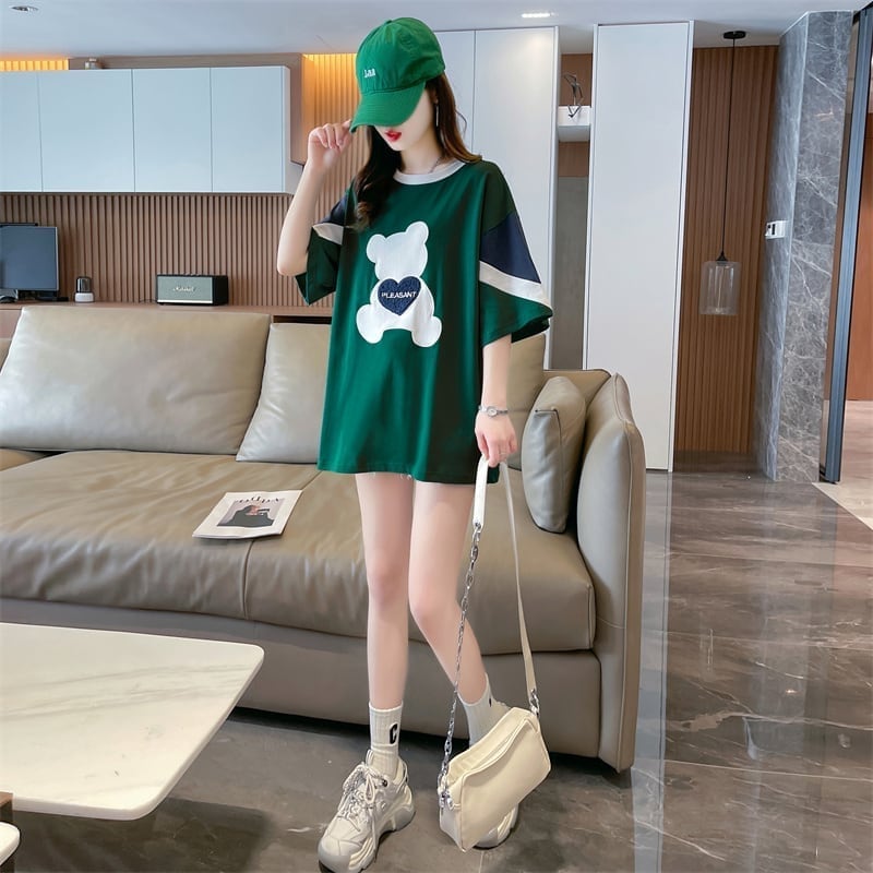 カジュアルルーズワッペン刺繍ステッチカラーブロック半袖Tシャツ<S-2870>