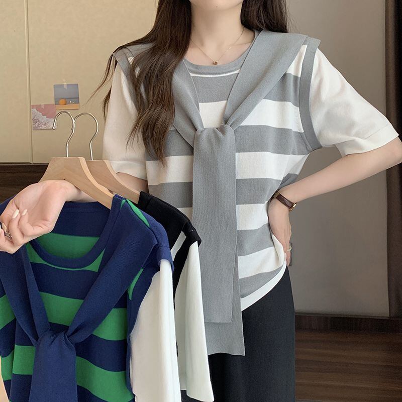 絶対欲しい レイヤード風 エレガント ストライプ柄 全3色半袖 Tシャツ＜S-8799＞