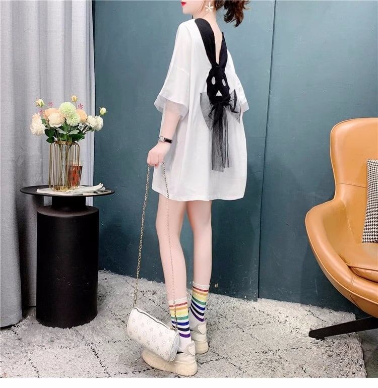 優しい雰囲気 立体のリボン バックオープン プリント ロングTシャツ ゆったり半袖＜S-2939＞