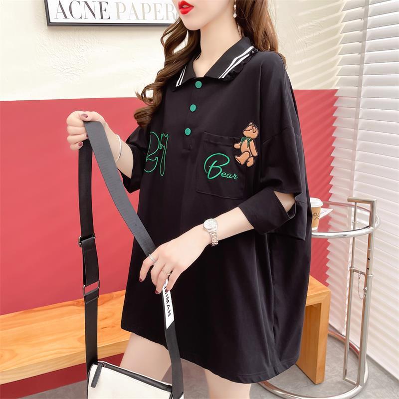 POLOネック ポケット ベアー レース ロング Tシャツ 三色 ゆったりワンピース＜S-3991＞
