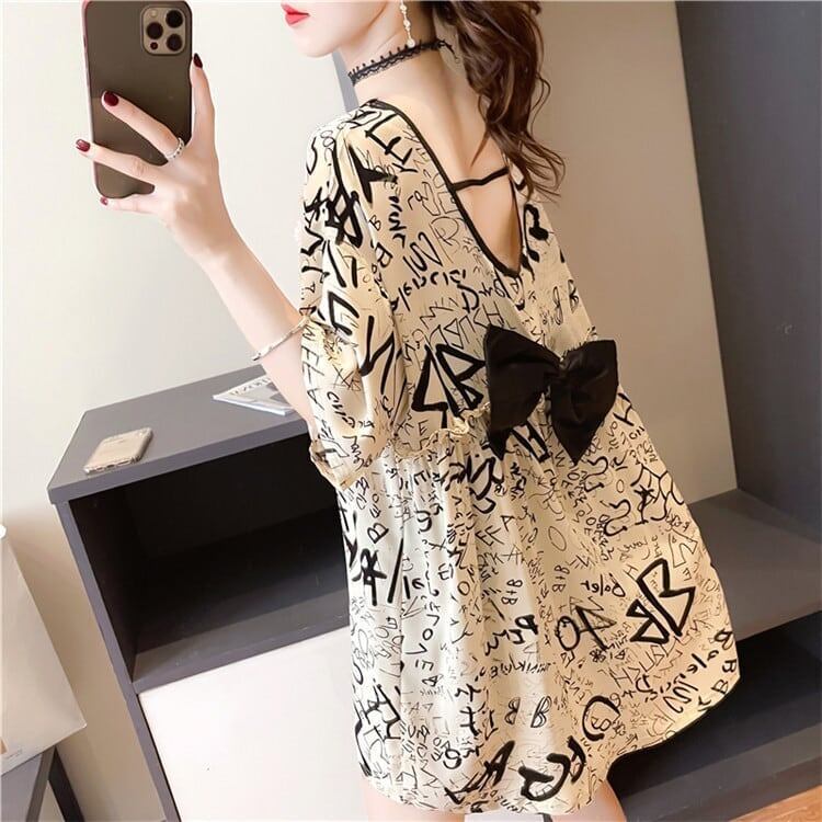 着せ 立体のリボン バックオープン ロング Tシャツ ゆったり半袖 ＜S-2920＞