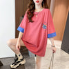 韓国系 ドロップショルダープリント ラウンドネック ロング Tシャツ 三色 ゆったり半袖＜S-3011＞