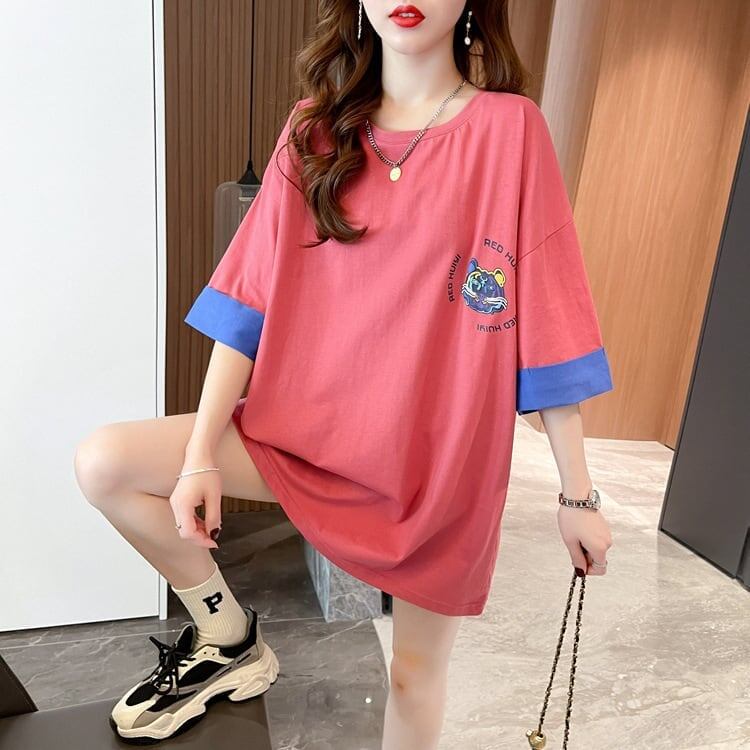 韓国系 ドロップショルダープリント ラウンドネック ロング Tシャツ 三色 ゆったり半袖＜S-3011＞