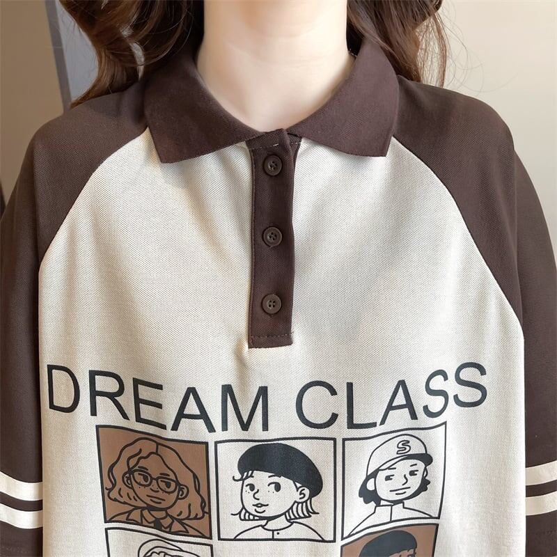 早い者勝ち グラフィック POLOネック プリント ロング ラグランTシャツ ゆったりワンピース＜S-4027＞
