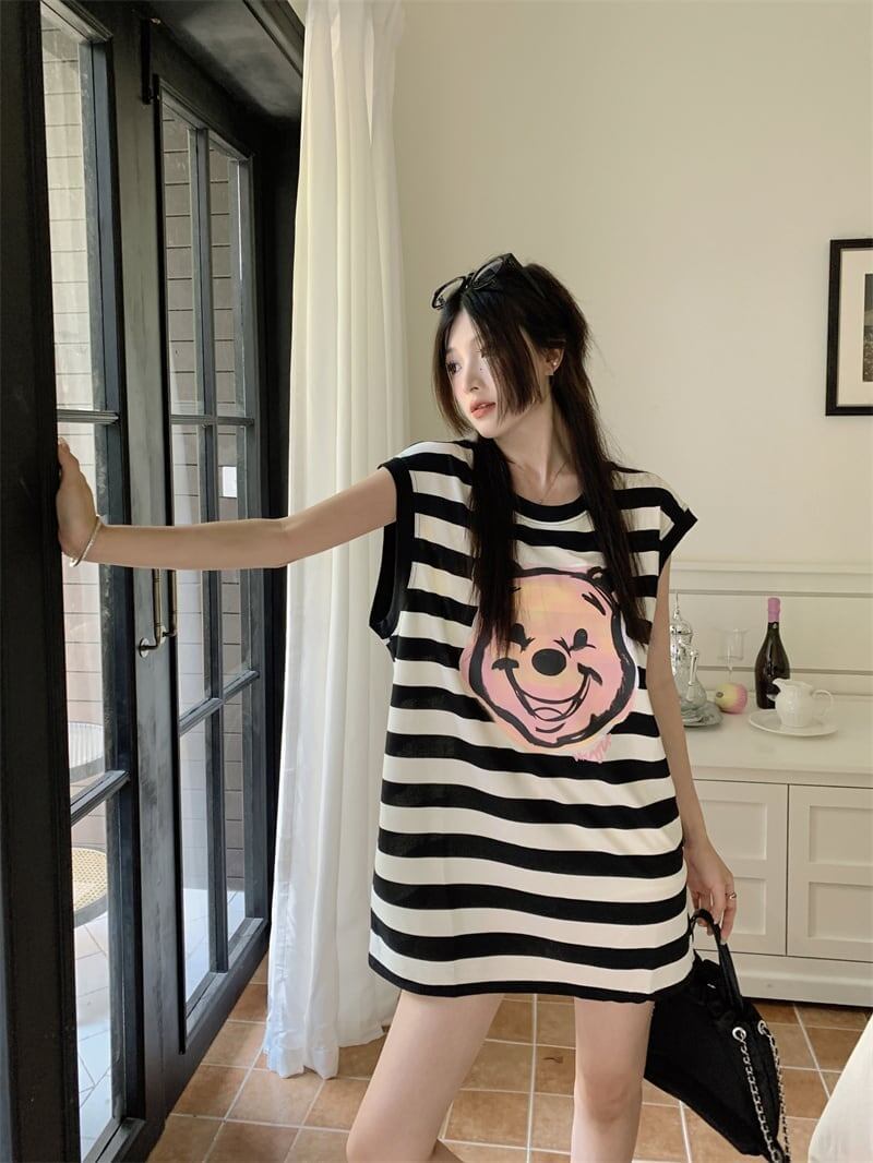 おしゃれ度アップ ノースリーブ ストライプ柄 ロング Tシャツ ゆったり ワンピース＜S-2977＞