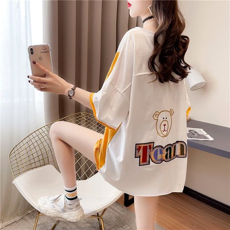 韓国風漫画刺繍ワッペン半袖Tシャツ<S-2991>